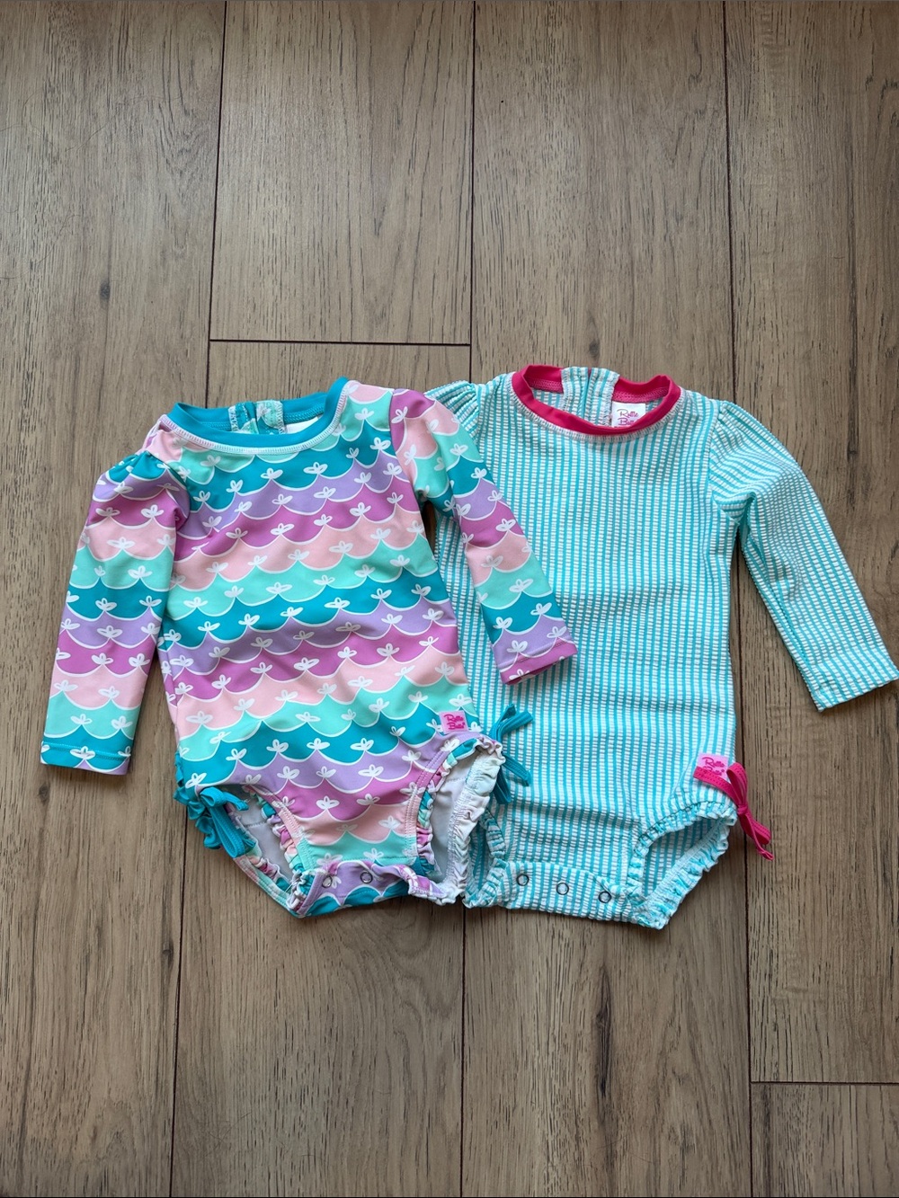 RuffleButts One Piece Rash Guards Baby Girl 12-18 Months Pink Blue Purple Swim